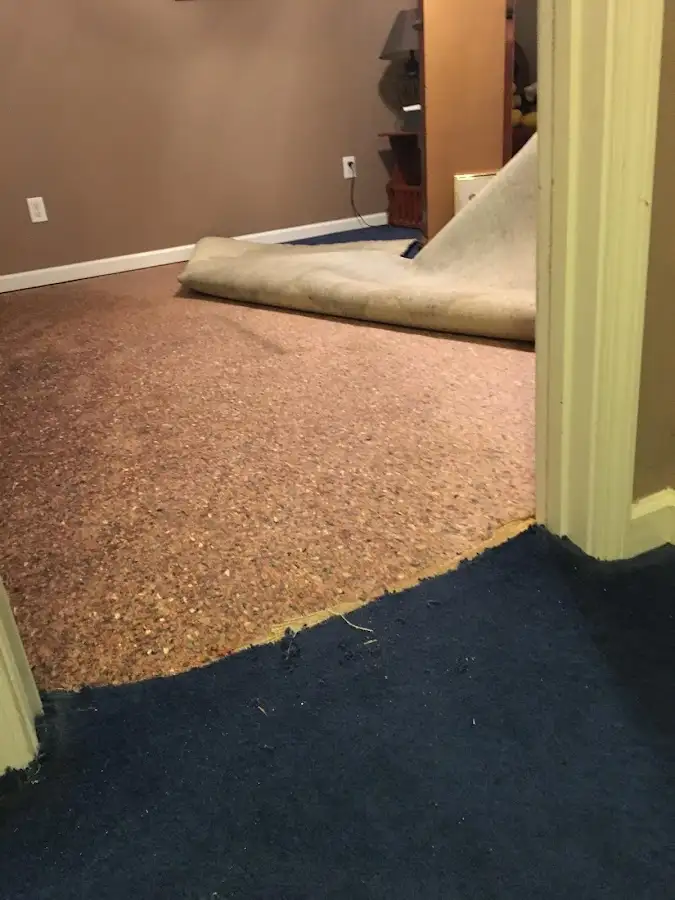 Carpet pad removal revealing water damage during Water Mitigation Services in Northwood